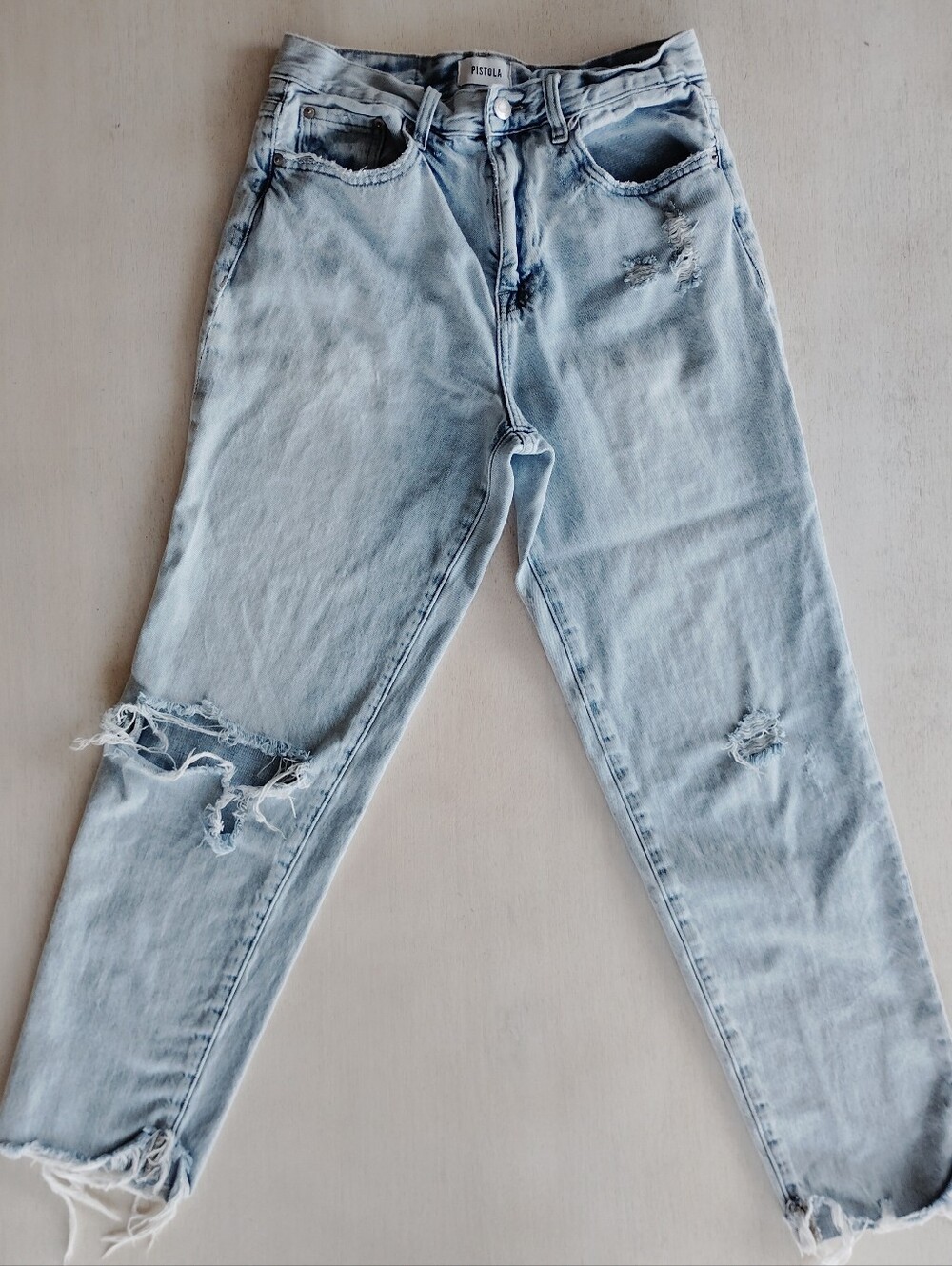 Pistola Distressed High Rise Straight Leg Light Wash Jeans / Size 27
